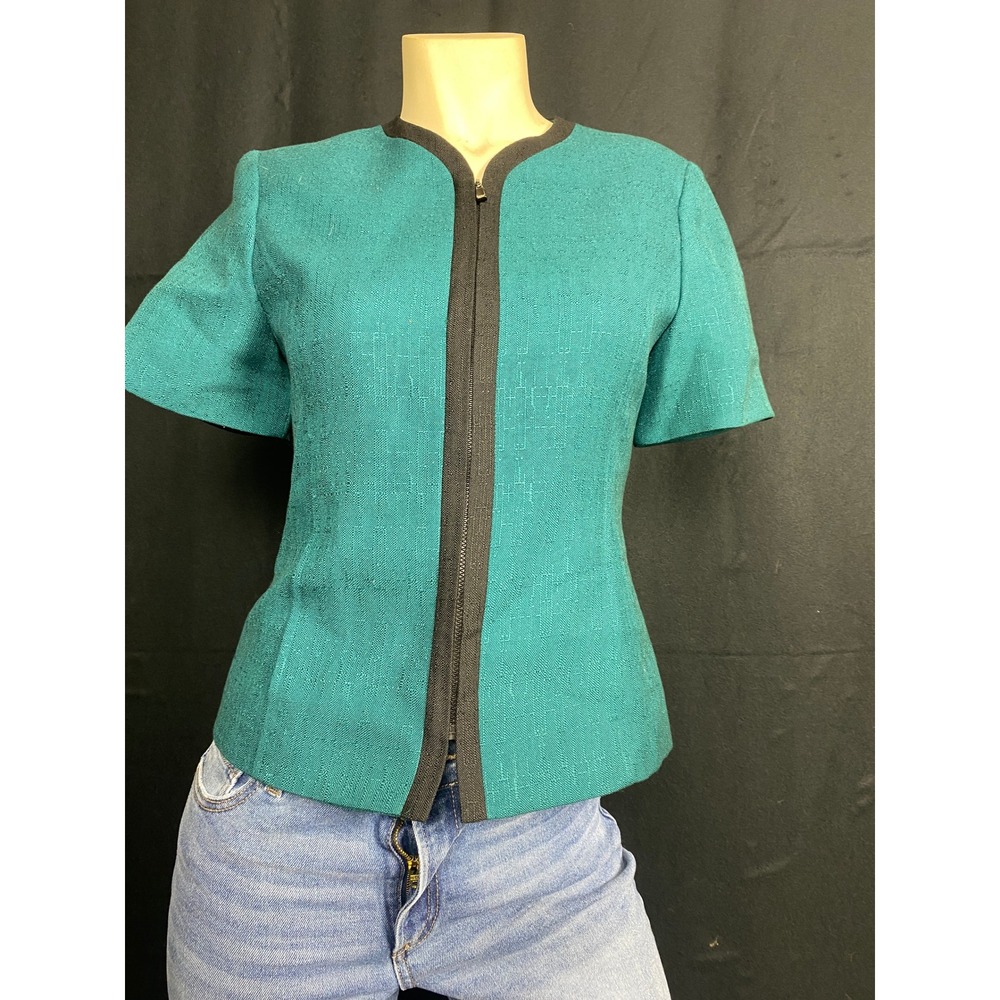 Kasper A.S.L. Teal Green Short Sleeve Zip Front Career Jacket Size 4